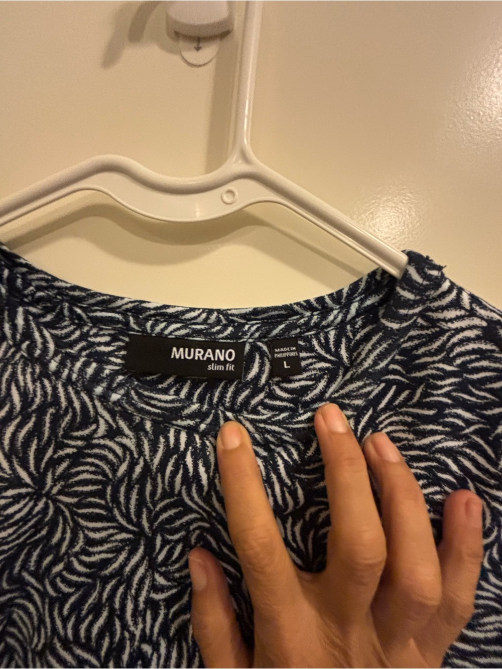 Women’s Murano Navy and White Patterned summer short slv t shirt sz L